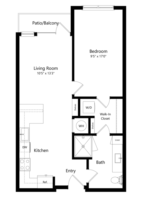 Floor plan for 1 bed, 1 bath, 677 sqft